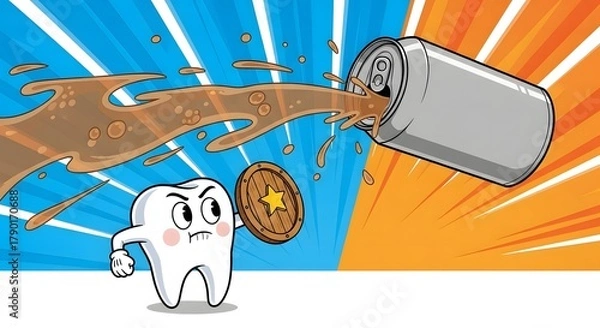 Obraz soda can damage tooth – cartoon tooth defends with shield against soda attack