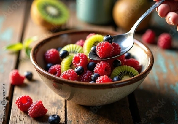 Fototapeta Macro shot of spoon scooping raspberries, blackberries, blueberries and kiwi from rustic ceramic bowl in warm golden hour light.