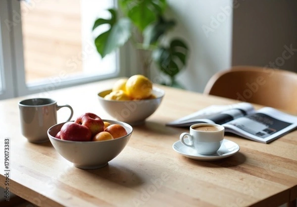 Fototapeta Bright breakfast scene on a light oak table featuring bowls of fresh fruit, steaming coffee mug and open magazine.