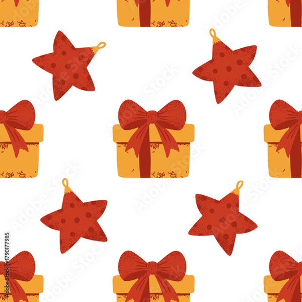 Fototapeta Retro Seamless Holiday Pattern With Red Star Decorations And Christmas Gift Boxes Beige