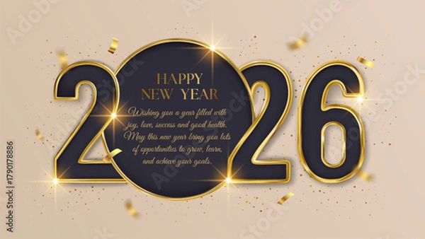 Fototapeta 2026 Happy New Year Realistic 3d Number Golden Text Banner Frame BackgroundConfetti Greeting Invitation Luxury Vector