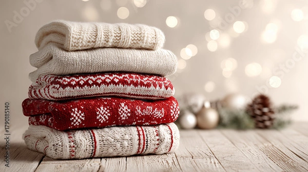 Obraz Cozy folded Christmas sweaters on wooden table with holiday lights