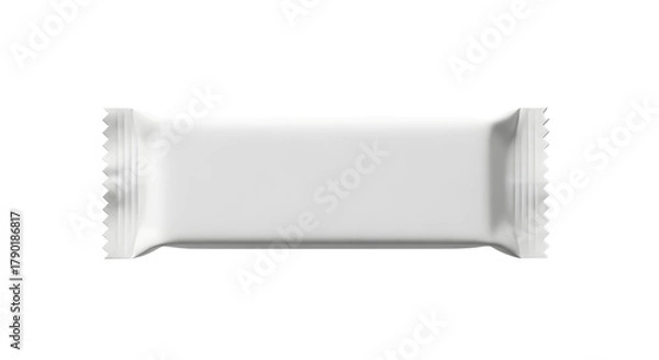 Fototapeta A blank, white, rectangular candy bar wrapper lies horizontally centered, with crimped edges, under bright, even lighting, creating a clean, sterile, and minimalist ambiance.
