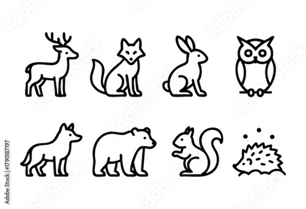 Fototapeta Forest animals outline icons set featuring a deer, fox, rabbit, owl, wolf, bear, squirrel, and hedgehog in a simple black line style on a clean white background.