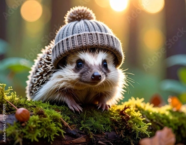 Obraz Cute Hedgehog with Wool Hat Sitting on Mossy Log in Autumn Forest
