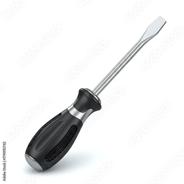 Fototapeta A flathead screwdriver with a black and silver handle isolated on a white background in studio shot