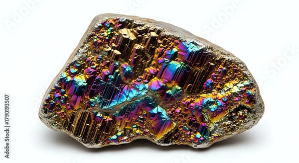 Fototapeta Close up of a colorful bismuth crystal with iridescent colors on a white background surface
