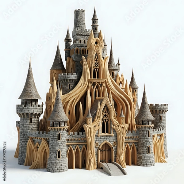 Fototapeta A detailed castle model with multiple towers and intricate designs on a white background studio shot