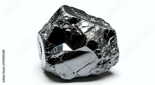 Fototapeta A close up of a shiny dark gray metallic mineral specimen on a white surface with sharp edges and facets