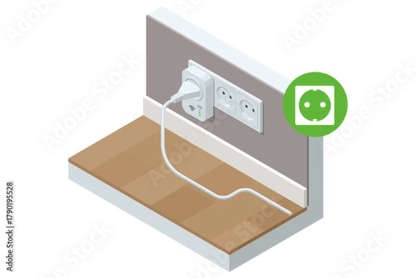 Obraz Smart Plug and Power Outlet. Isometric illustration of a smart plug connected to a power outlet with Wi-Fi signal, symbolizing energy monitoring and smart home automation