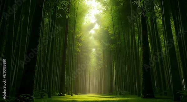 Fototapeta Sunlight streaming through dense bamboo forest creating a path of light and shadow effect scene