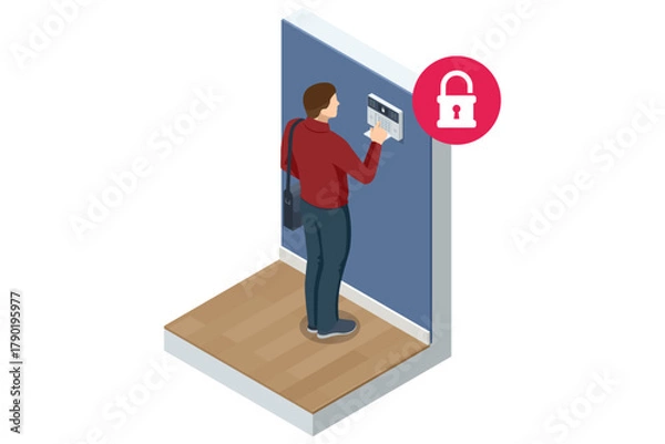 Obraz Smart Home Alarm System. Isometric illustration of a man entering a security code on a smart alarm system panel, symbolizing home protection and access control