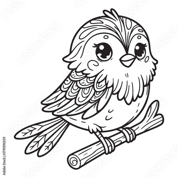 Fototapeta Cute Cartoon Bird Perched on a Branch Line Art