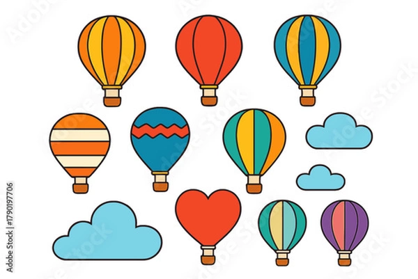 Obraz Colorful hot air balloons and stylized clouds icon set
