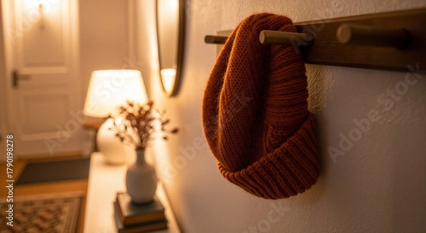 Obraz Cozy orange hat hanging on wall hook in illuminated hallway  