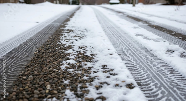 Fototapeta Snow-covered gravel driveway with tire tracks in winter  