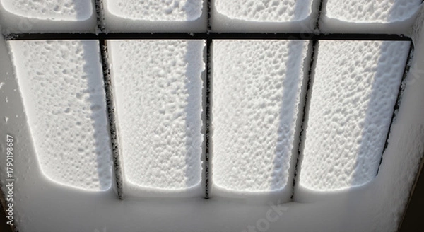 Fototapeta Snow covering skylight frame with intricate texture and details  