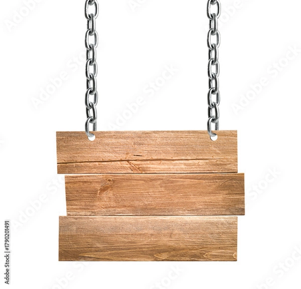 Obraz A road sign made of wooden planks hanging on a chain on a white isolated background
