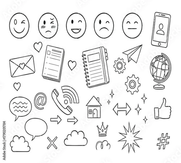 Fototapeta Illustration of hand drawn icons emoji, envelope, phone, notebook, gear, globe, heart, speech bubble, cloud, house, crown, thumb up, hashtag