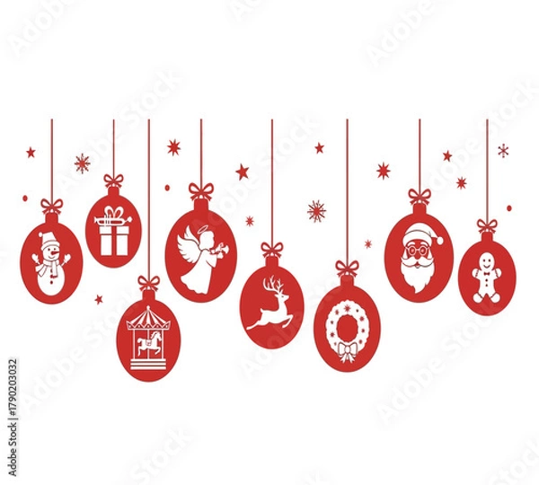 Obraz Illustration of a festive arrangement of red christmas ornaments hanging from above, each adorned with unique holiday symbols