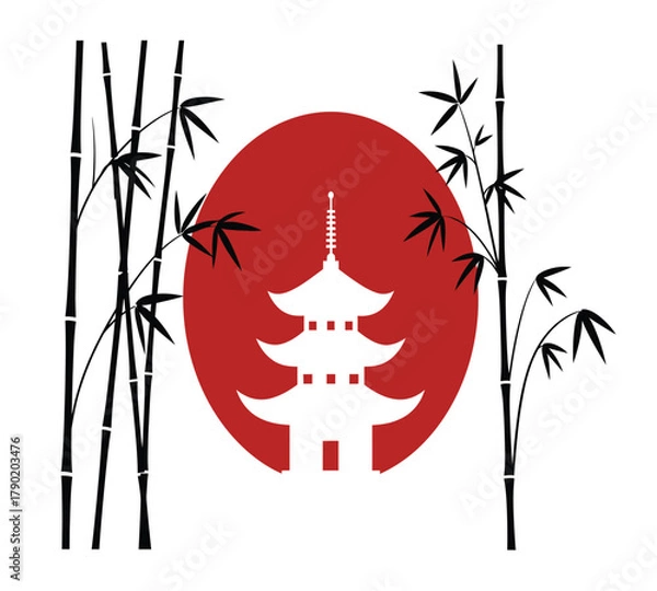 Obraz Illustration of a serene japanese landscape featuring a white pagoda silhouetted against a vibrant red sun, framed by elegant bamboo stalks