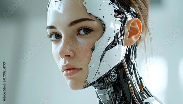 Obraz Futuristic android woman with a blend of human features and intricate robotic design