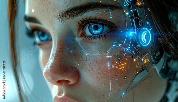 Fototapeta Artificial intelligence and human emotion blend in futuristic cybernetic portrait of a young woman