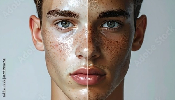Fototapeta Close-up portrait of a young man showcasing natural skin texture and freckles under soft lighting