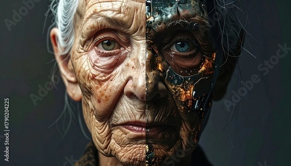 Fototapeta Elderly woman with one side showing human features and other side as a futuristic cyborg, blending age and technology artistically