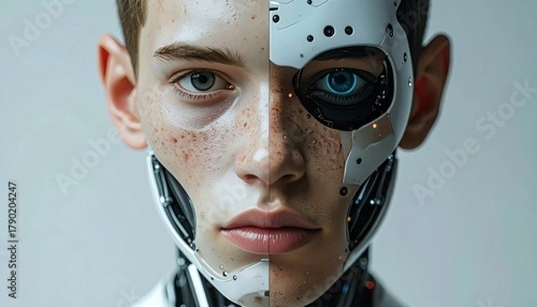 Fototapeta Robot-human hybrid showcases advanced technology in a futuristic portrait at an art exhibition