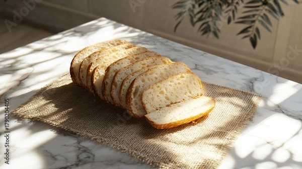 Obraz Exquisite Sliced Bread on Burlap and Marble