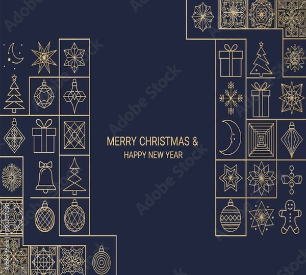 Obraz Illustration of elegant merry christmas and happy new year greeting card with golden geometric christmas elements on dark blue background, perfect for holiday season