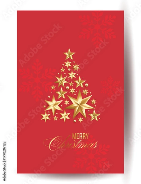 Obraz Merry Christmas and Happy New Year background for Greeting cards with tree Branches christmas tree gold paper and gold stars. Merry Christmas vector text Calligraphic Lettering Vector illustration