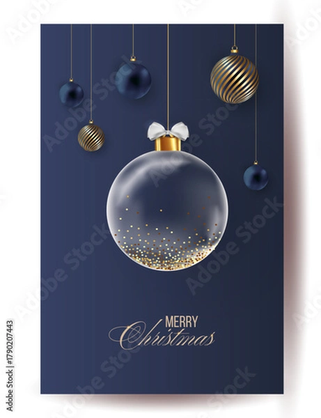 Obraz Merry Christmas and Happy New Year background for Greeting cards with tree Branches christmas tree gold paper and gold stars. Merry Christmas vector text Calligraphic Lettering Vector illustration