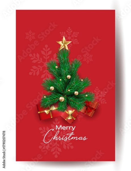 Obraz Merry Christmas and Happy New Year background for Greeting cards with tree Branches christmas tree gold paper and gold stars. Merry Christmas vector text Calligraphic Lettering Vector illustration