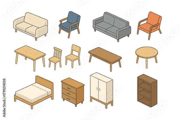 Fototapeta Isometric modern home furniture set including sofas chairs tables bed and storage units