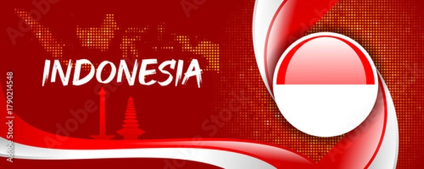 Obraz Indonesia Flag with Map and Famous Landmarks in Red and White Abstract Background