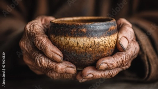 Fototapeta Elderly wrinkled hands gently cradling a rustic ceramic bowl, showcasing intricate textures and warm earth tones, embodying the beauty of age and craftsmanship with copy space