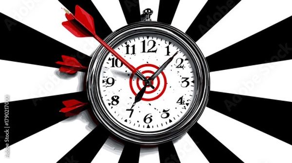 Fototapeta Clock with Red Darts on Target Against Black and White Background