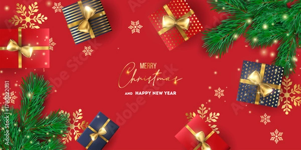 Obraz Merry Christmas and Happy New Year background for Greeting cards with tree Branches christmas tree gold paper and gold stars. Merry Christmas vector text Calligraphic Lettering Vector illustration