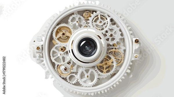 Fototapeta Intricate Gear and Lens Mechanism in White and Gold