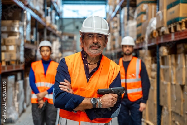 Obraz Warehouse workers supervising logistics inventory and distribution operations