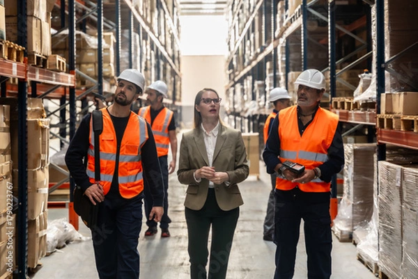 Obraz Logistics managers and workers inspecting goods in modern warehouse