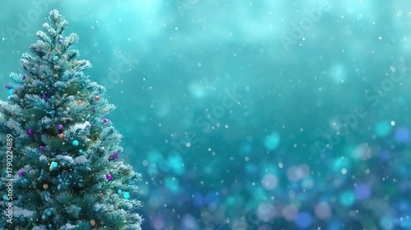 Fototapeta A Snowy Christmas Tree with Colorful Ornaments Against a Turquoise Bokeh Background