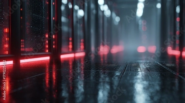 Fototapeta Dark Data Center Hallway with Red Lights and Floor Reflections