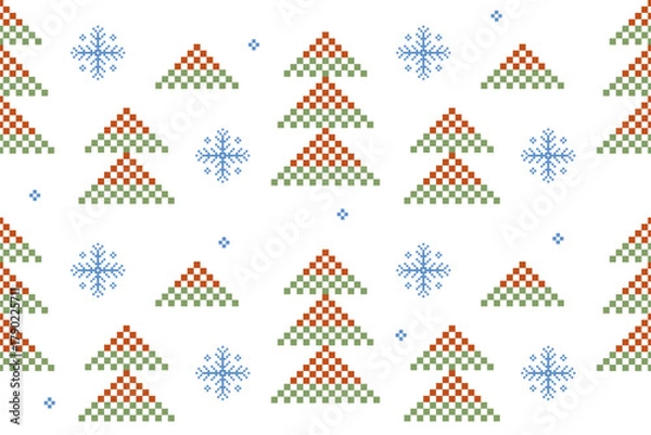 Fototapeta Colorful Christmas Holiday,Pine tree ,snowflake seamless pattern.Beautiful Scandinavian embroidery folk design.Geometric ornament.Abstract pixel background.illustration for holiday,festival,seasonal.
