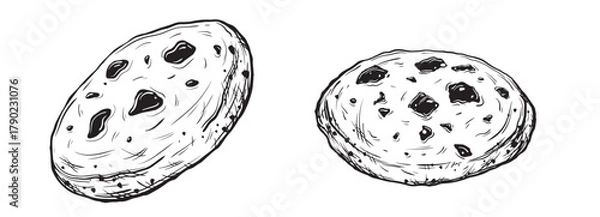 Fototapeta Sketch of Chocolate chip cookies. Hand-drawn ink vector illustration of a oatmeal cookies, with linear graphic elements for food design, isolated on white background.
