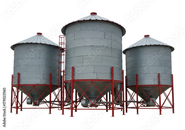 Obraz Isolated metal grain bins storing grain on a farm, red support structures, ladders, silver color