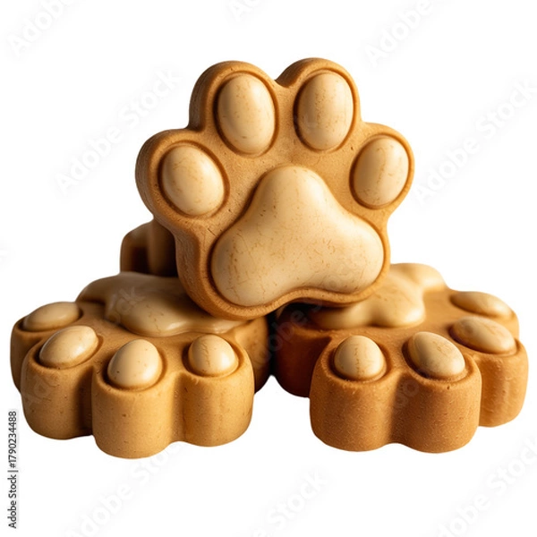Fototapeta Stack of Paw Print Shaped Dog Biscuits with Creamy Filling on White Background paw print cookies isolated on a transparent background