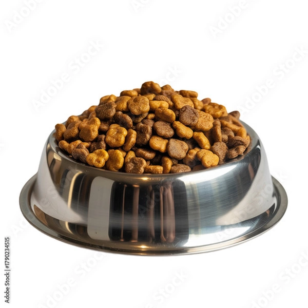 Fototapeta Stainless Steel Bowl Filled with Dry Cat Food Kibble Isolated on White Background dry food pet food isolated on a transparent background